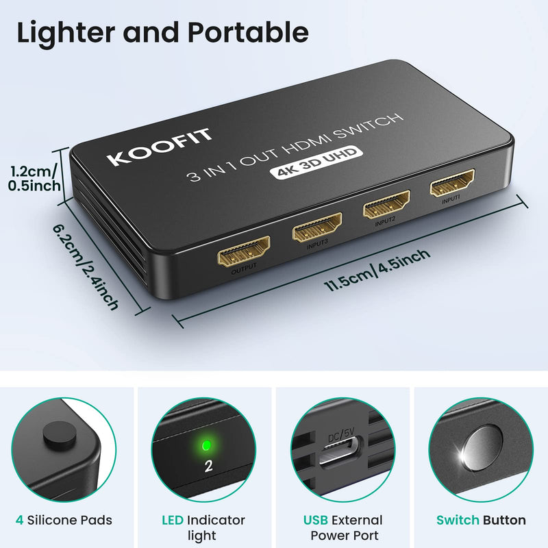 HDMI Switch 3 in 1 Out, 4K HDMI Splitter with Remote Automatic Switch, HDMI Switch Box for PS5, PS4, PS3, Fire Stick, Blu-Ray, DVD, Roku, Laptop, PC, Apple TV