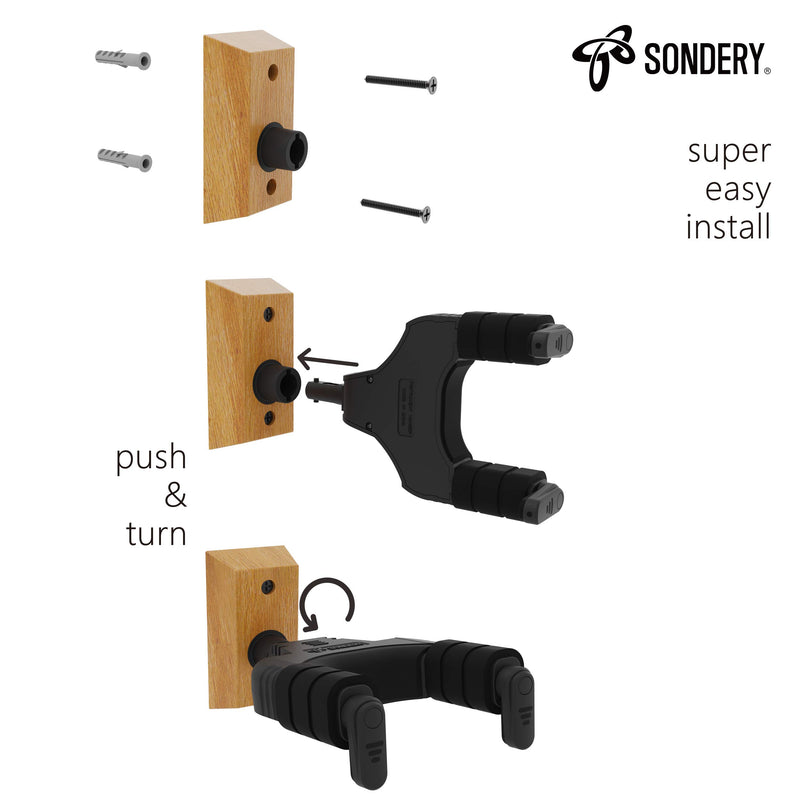 Sondery Guitar Hanger Wall Mount - Adjustable Guitar Hook Holder for Acoustic and Electric Guitar, Ukulele and Bass with Real Wood Base and Black Cradle for Instrument Display 2 Pack