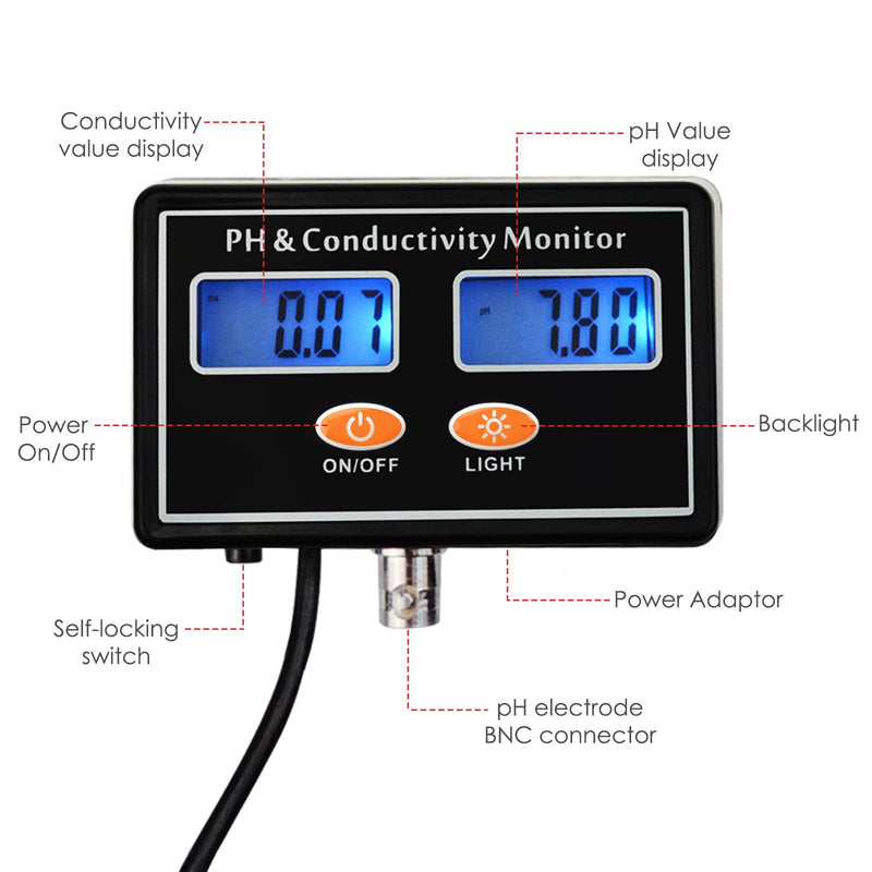 pH/EC Conductivity Meter with ATC Water Quality Tester 0.0-14.0pH / 0~19.99ms/cm Aquarium, Hydroponics Tool PH/EC METER