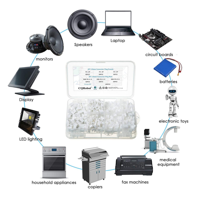 750 Pieces 2.0mm JST-PH JST Connector Kit. 2.0mm Pitch Female Pin Header, JST PH - 2/3 / 4 Pin Housing JST Adapter Cable Connector Socket Male and Female, Crimp DIP Kit. JST-PH2.0 PH 2P/3P/4P