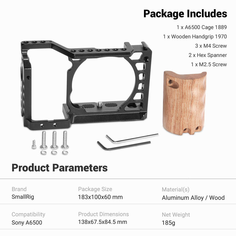 SMALLRIG Camera A6500 Cage Kit with Wooden Handle Hand Grip for Sony Alpha A6500/ILCE-6500 4K Digital Mirrorless Camera - 2097