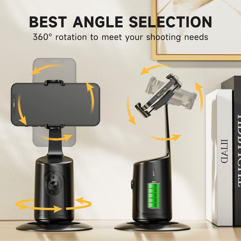Auto Face Tracking Tripod - 360° Rotation Auto Tracking Phone Holder, No App, Phone Camera Mount with Remote and Gesture Control, Rechargeable Smart Shooting Holder for Video Recording, Tiktok Black