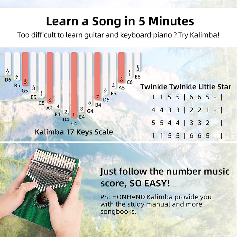 HONHAND Kalimba Thumb Piano 17 Keys Bright Green - Portable Mbira Finger Piano with Music Books Gifts for Kids Adults Beginners