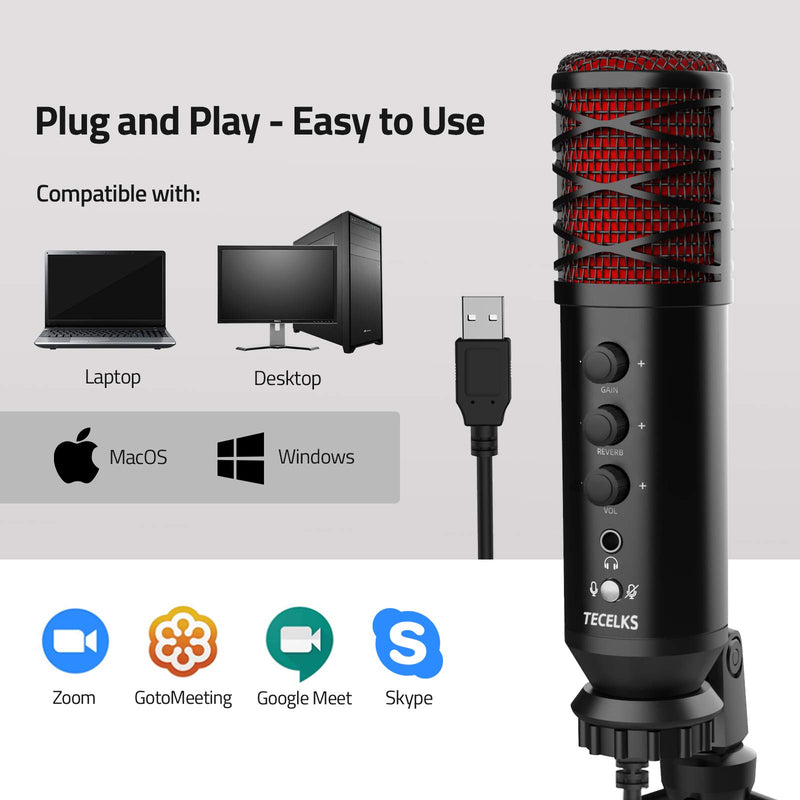 USB Microphone with Gain/Reverb/Volume/Mute Knob, TECELKS Metal Condenser Microphone for Computer, Recording Mic with Tripod for Gaming, Streaming, Podcasting, Voice Over Black