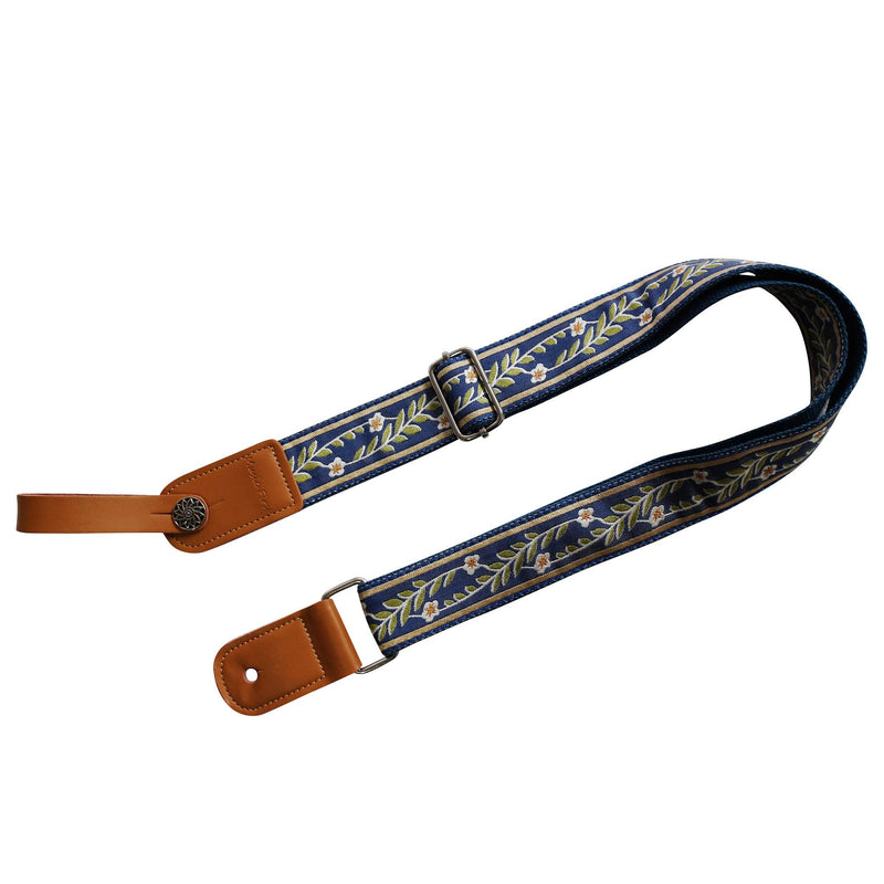 MUSIC FIRST Original Design Vintage Blue “Jasmine” Soft Meshbelt & Genuine Leather Ukulele Strap Ukulele Shoulder Strap With a MUSIC FIRST Genuine Leather Strap Locker