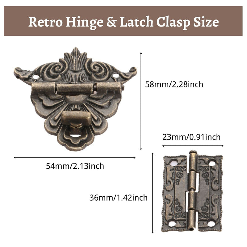 2PCS Antique Hinge & 1 PC Retro Style Padlock Lock Key Latch Clasp Set Box Lock with 12 Screws