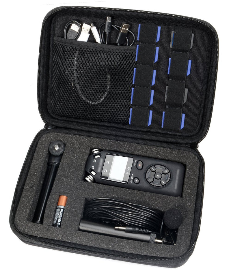 Professional Portable Recorder Case with DIY foam inlay for DR-05, DR-40, DR-22L, DR-100MKll, DR-1, Mini Tripod, Adapter, Mic Pop Windscreen, Smart accessory padding solution for SD cards, cabl
