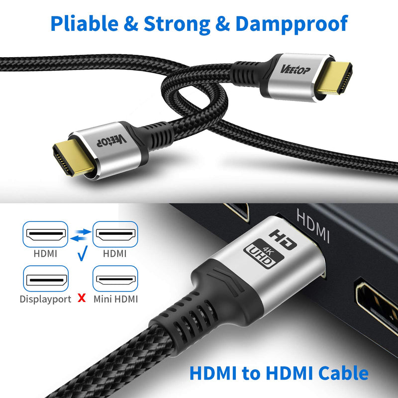 Veetop 4K HDMI Cable 15ft High Speed HDMI 2.0 Cable 18Gbps Support 4K@60Hz, 2160P, 1080P, HDR, 3D, ARC, HDCP 2.2, Ethernet, 28AWG Cotton Braided HDMI Cord for AppleTV/PS4/PS3/Xbox/Projector/Blu-ray 15ft/5m