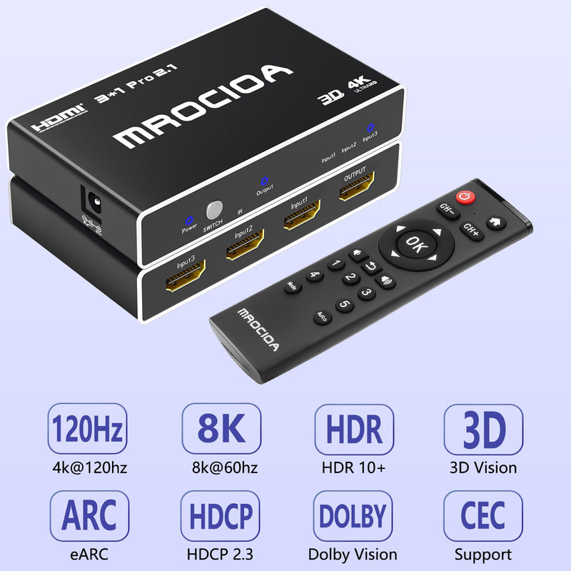 HDMI 2.1 Switch 4k@120hz, 3in 1out HDMI Splitter 8k@ 60hz with IR Remote Control, Supports CEC, VRR, HDR10, Dolby Atmos, Dolby Vision and ARC for The Latest 8K Devices Such as PS5/XBOX X. 3 In 1 Out Hdmi 2.1 8K Switch 0515