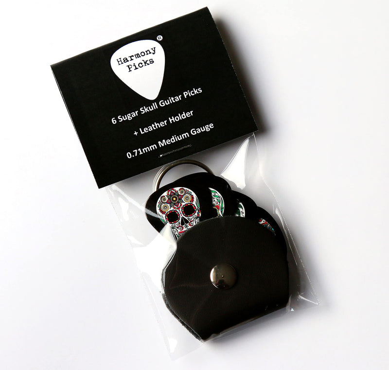 6 Black Sugar Skull Guitar Picks With Leather Keyring Plectrum Holder