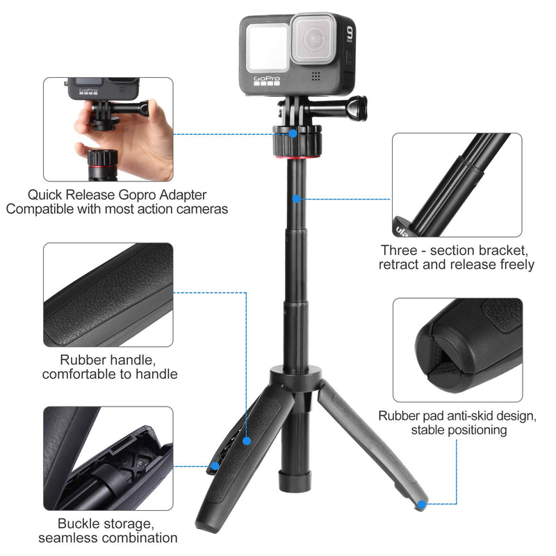 MT-31 Extendable Gopro Selfie Stick Tripod, Go Pro Stand Designed w Quick Release System, Portable Vlog Go Pro Handle Tripod, Mini Hand Grip for Gopro Hero 10/9/8/7, DJI Osmo Action Camera Accessories