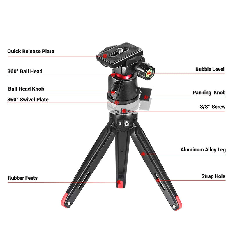 SMALLRIG Tabletop Tripod, Mini Desktop Travel Tripod Aluminum Alloy with 360 Degree Ball Head and Quick Release Plate Lightweight and Portable for Compact Cameras DSLRs, Phone, Gopro（Black）- BUT2287