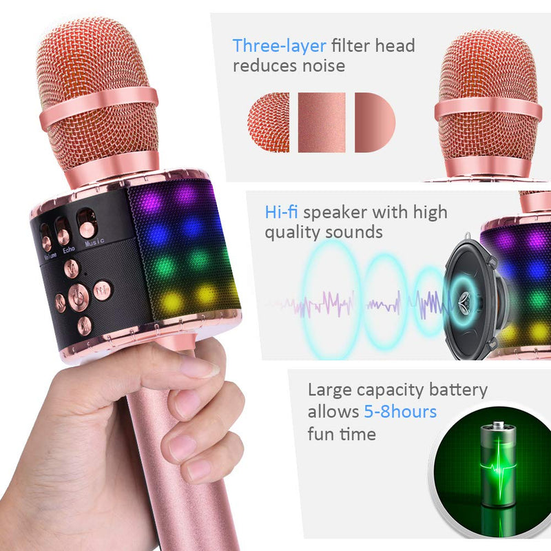 Ankuka Karaoke Wireless Microphones Speaker, 4 in 1 Handheld Portable Bluetooth Home KTV Player, Superior Audio Quality for Singing & Recording, Compatible with Android & iOS (Q78 Rose Gold)