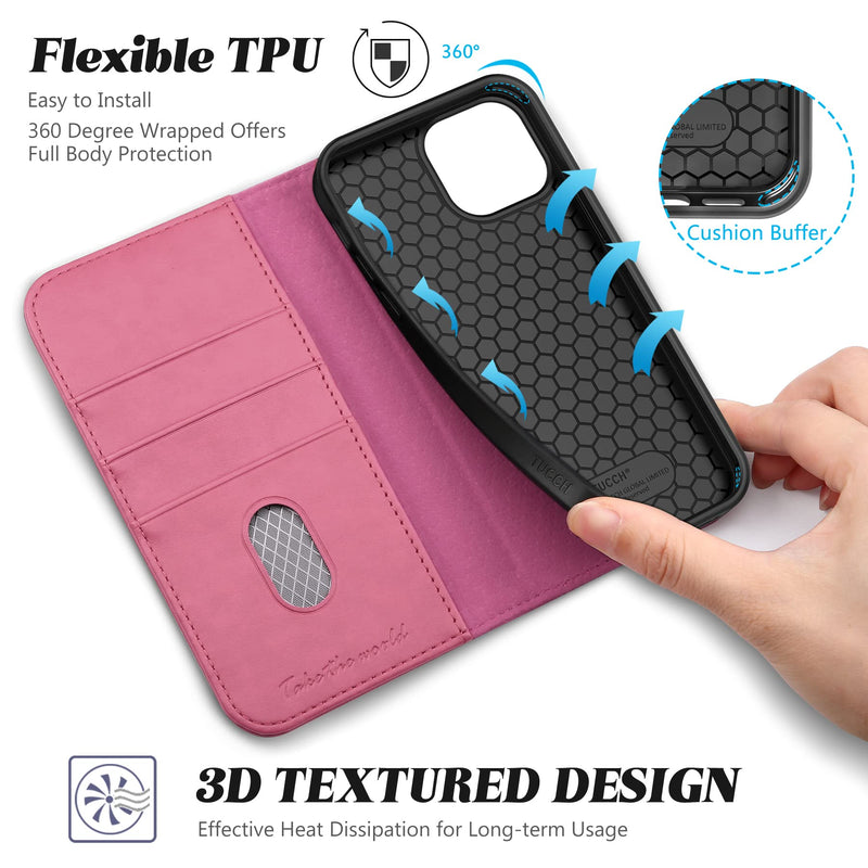TUCCH Wallet Case for iPhone 13 5G, Credit Card Holder Money Slot Case Wallet, Kickstand PU Leather Folio Flip Cover [TPU Interior Protective Case] Compatible with iPhone 13 6.1", Hot Pink