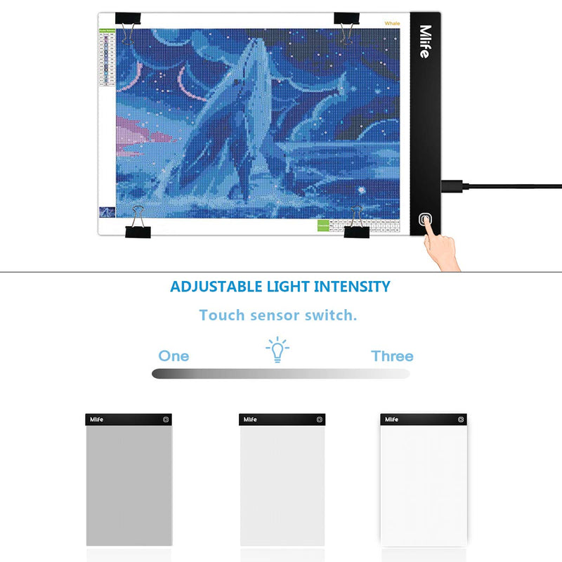 Mlife LED Light Pad - Diamond Painting A4 Light Box Tracing Light Board with 3 Brightness, Ideal for Sketching, Animation, Drawing Light Box with 4 Fasten Clips