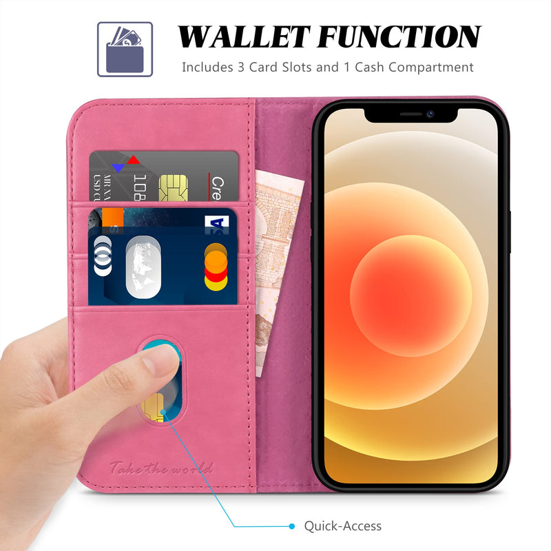 TUCCH Wallet Case for iPhone 13 5G, Credit Card Holder Money Slot Case Wallet, Kickstand PU Leather Folio Flip Cover [TPU Interior Protective Case] Compatible with iPhone 13 6.1", Hot Pink