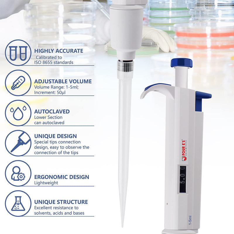 5mL Adjustable Volume Pipette - Four E's Scientific Lab Single Channel Micro Pipettor, 1-5mL Manual Liquid Micropipette 1000-5000μl (increment :50μl)