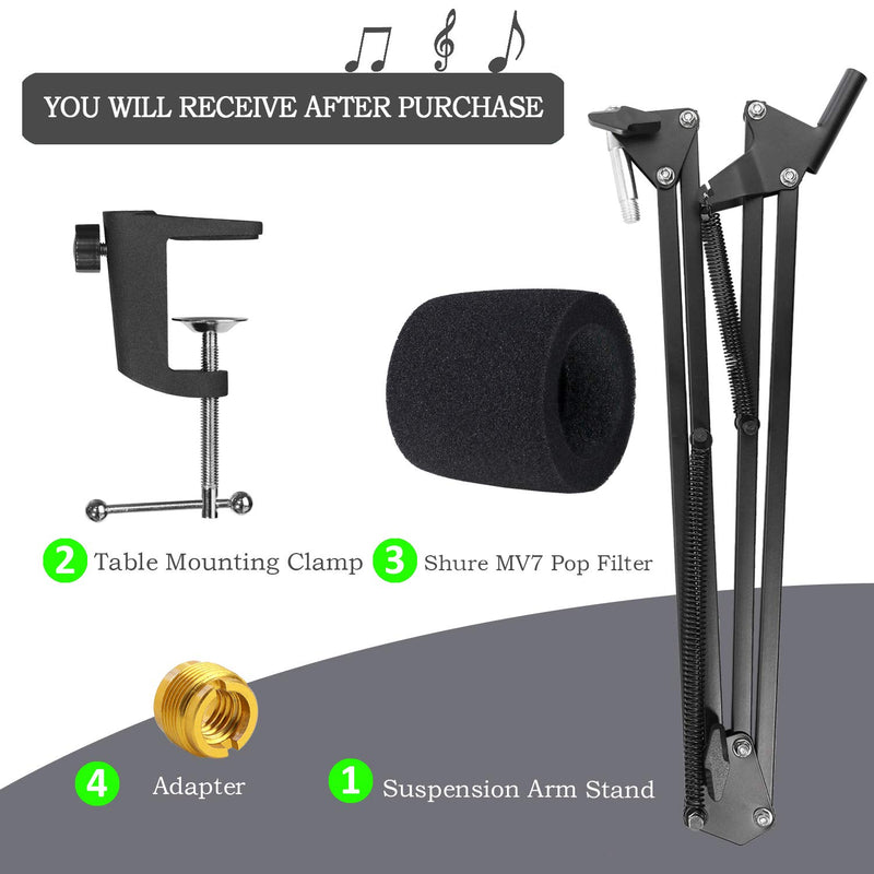 YOUSHARES MV7 Mic Stand with Pop Filter - Mic Boom Arm with Windscreen Foam Cover Compatible with Shure MV7 Microphone