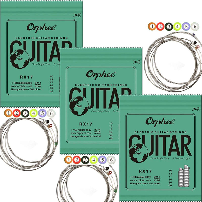 3 Sets Orphee RX17 Nickel Plated Steel Colorful Ball-End Electric Guitar Strings Standard Tension 010, 013, 017, 026, 036, 046