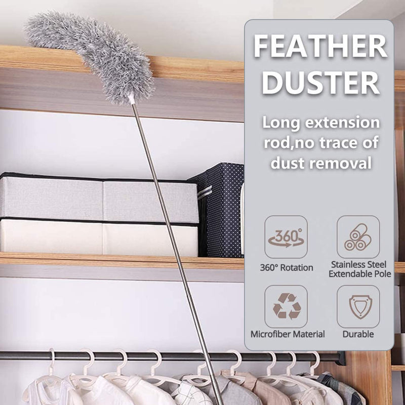 [AUSTRALIA] - Telescoping Microfiber Feather Duster for Cleaning, 100" Extra Long Extendable Duster, Bendable & Washable for Cleaning Cobweb, Ceiling Fan, High Ceiling, Blinds, Furniture & Cars Gray 