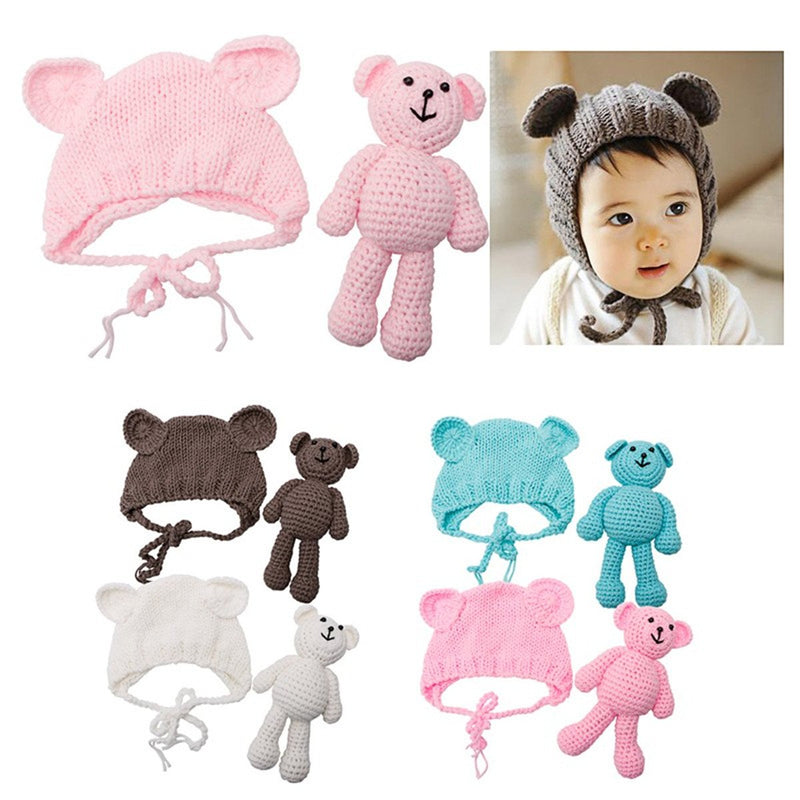 ECYC Newborn Baby Bear Hat Beanie with Bear Dolls Photography Accessories,Pink Pink