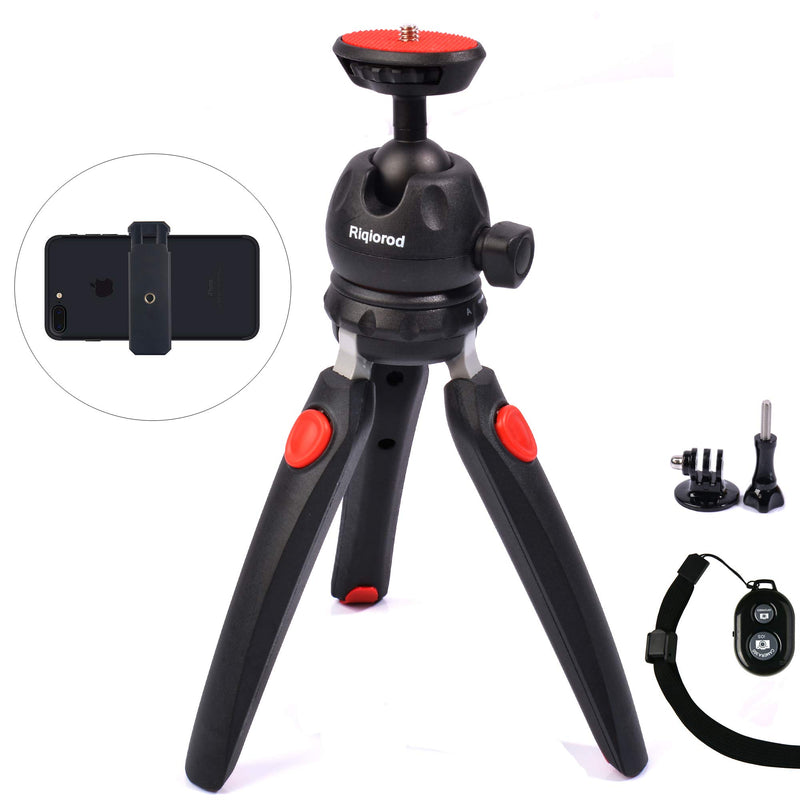 Phone Tripod, Riqiorod Tabletop Ring Light Stand, Portable and Adjustable Camera Stand Holder with Wireless Remote and Universal Clip, Compatible with iPhone, Android Phone, Sports Camera GoPro (M9)