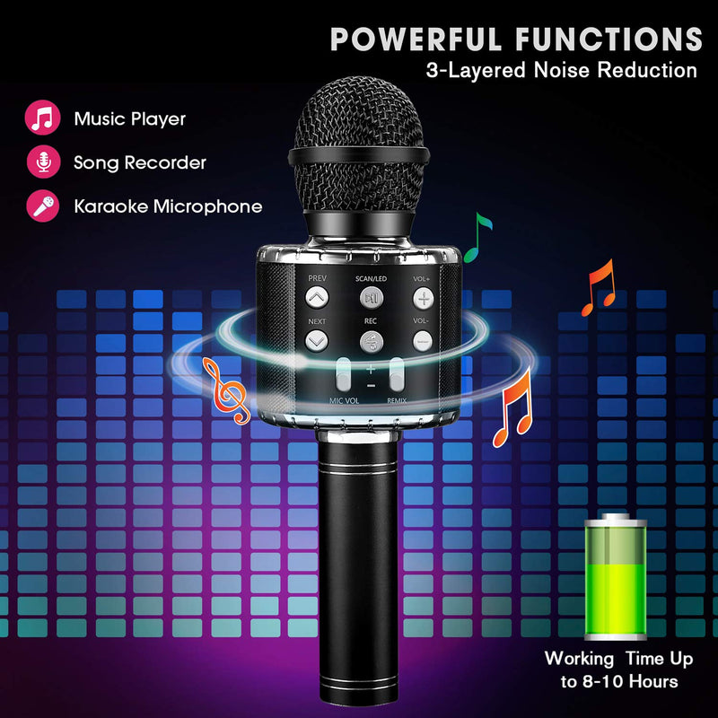 BlueFire Bluetooth 4 in 1 Karaoke Wireless Microphone with LED Lights, Portable Microphone for Kids, Girls, Boys and Adults (Black) black