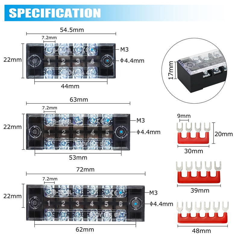 Terminal Strips, FIXITOK 6 Sets 4/5/6 Positions Terminal Block Strips Waterproof 600V 15A Screw Terminal Strips with 400V 15A Pre-Insulated Terminal Barrier Strip Jumper 15A-4/5/6P