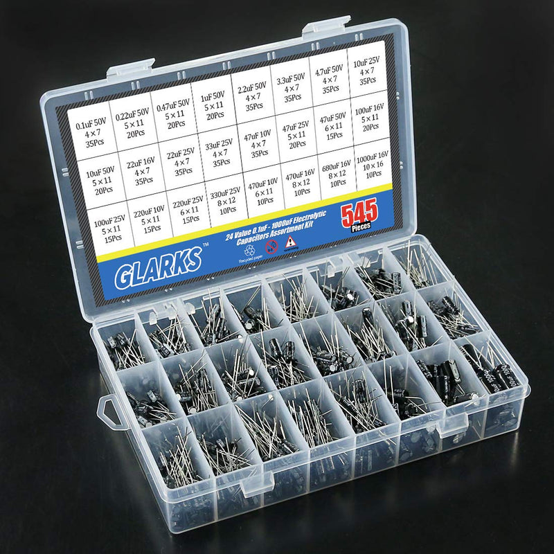 Glarks 545Pcs 24 Value 10V 16V 25V 50V Metal Electrolytic Capacitors Assorted Assortment Kit Set, Lable Capacitor Range 0.1UF - 1000UF