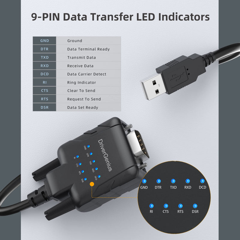 [AUSTRALIA] - DriverGenius USB232A-E, USB Type-A to RS232 DB9 Serial Adapter Converter with 9 x LEDs (M/M, 3ft/1m) USB-A 