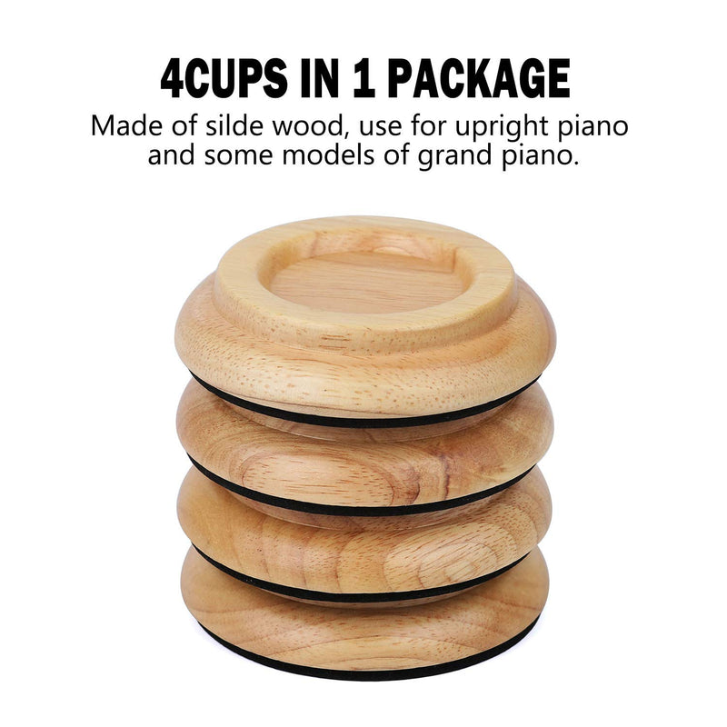 Upright Piano Caster Cups Hardwood Piano Caster Cups Floor Protector with Non-Slip & Anti-Noise Foam, Set of 4 (Natural Wood) Natural Wood