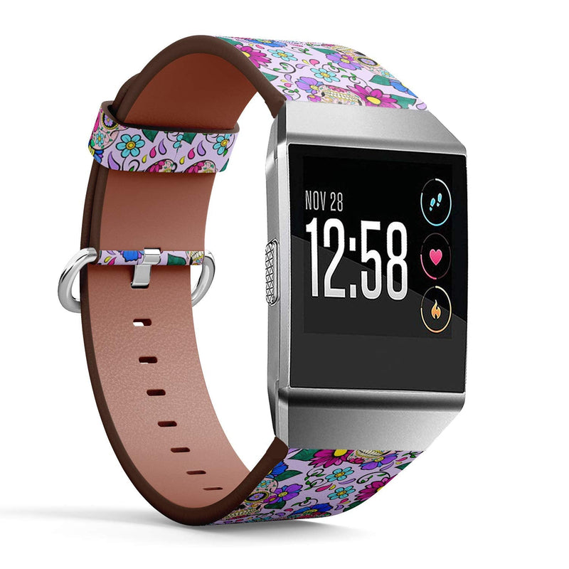 Compatible with Fitbit Ionic Leather Watch Wrist Band Strap Bracelet with Stainless Steel Clasp and Adapters (Festive Sugar Skulls Heart)