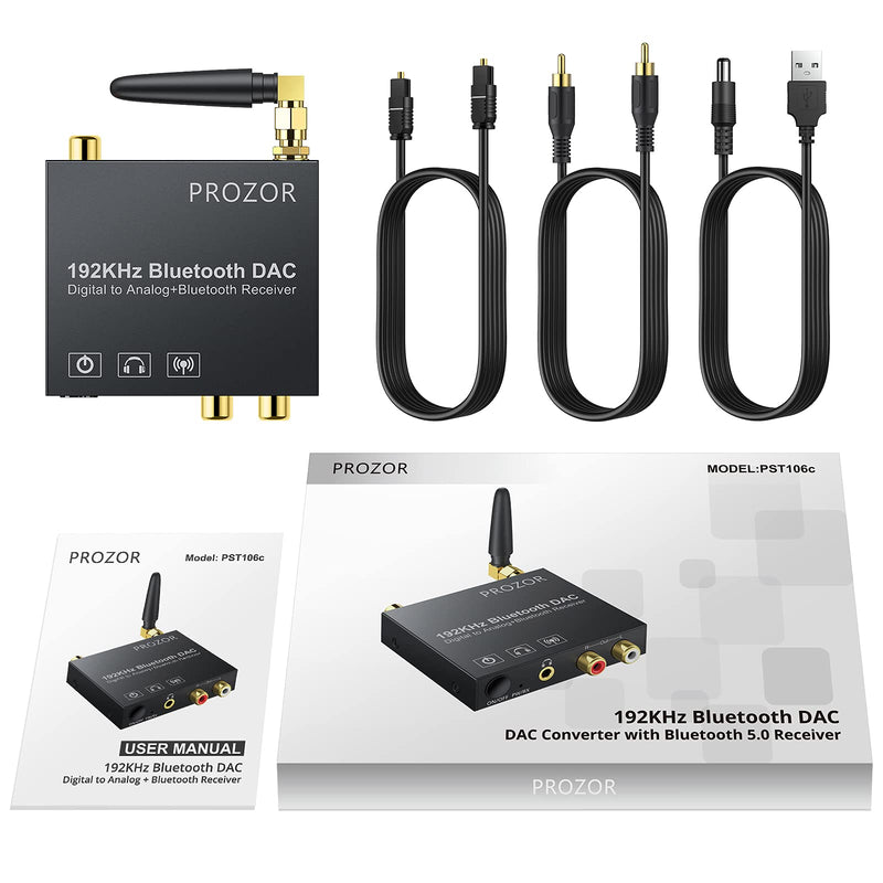 PROZOR 192k Digital to Analog Audio Converter with Bluetooth 5.0 Receiver Digital Toslink Optical to 3.5mm, Coaxial Toslink to Analog Stereo L/R RCA 3.5mm Audio Adapter