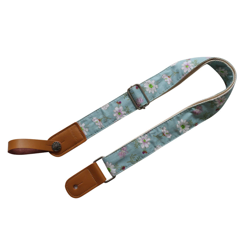 [AUSTRALIA] - MUSIC FIRST Original Design Vintage Blue “Daisy” Soft Cotton & Genuine Leather Ukulele Strap Ukulele Shoulder Strap With a MUSIC FIRST Genuine Leather Strap Locker 