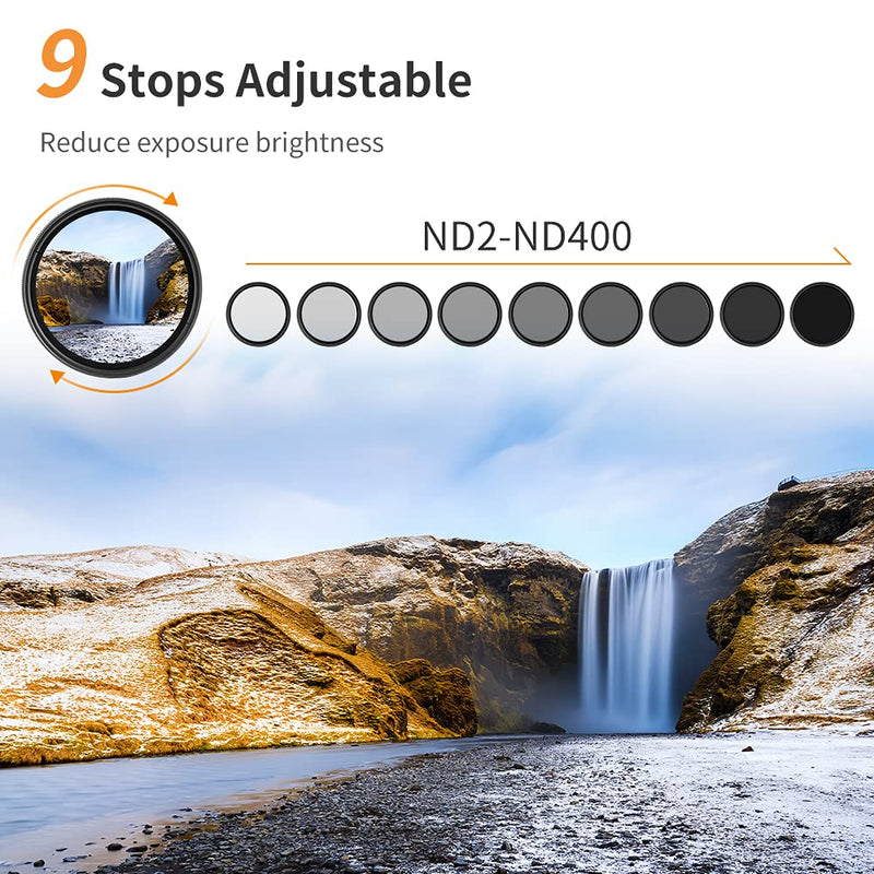 K&F Concept 43mm Slim Fader Variable ND2-ND400 Neutral Density Adjustable ND ND2 ND4 ND8 ND16 to ND400 Lens Filter Kit + Microfiber Cleaning Cloth for Cameras Lens