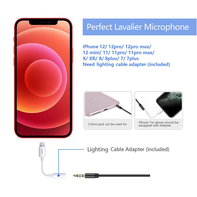 Lavalier Microphone - HUUSMOT Professional Omnidirectional Lapel Mic with Noise Reduction USB Charging Clip-on Lapel Mic for iPhone, Android, Camera, PC, Camcorder in Recording Video Interview