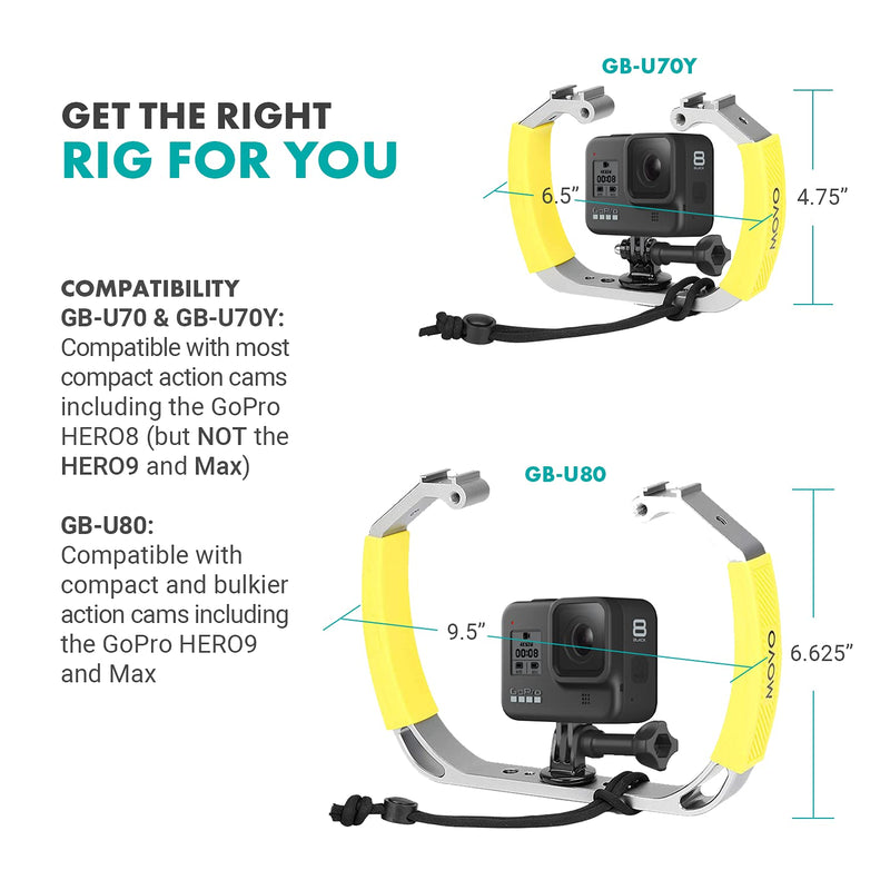 Movo GB-U80 Underwater Diving Rig with Cold Shoe Mounts, Wrist Strap - Compatible with GoPro HERO, HERO3, HERO4, HERO5, HERO6, HERO7, HERO8, HERO9, Osmo Action Cam - Scuba GoPro Accessory (XL Version) Large Yellow
