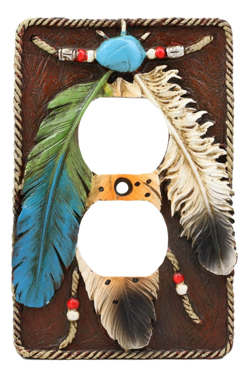 Ebros Southwestern Tribal Native American Indian 3 Feathers Turquoise Stone and Beads Dream Catcher Design Bathroom Vanity Accent Figurine Decor (Double Receptacle Outlet Plate Cover Set of 2) Double Receptacle Outlet Plate Cover Set of 2