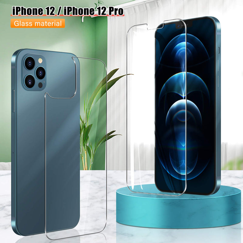 [2+2 Pack] UniqueMe Front and Back Screen Protector Compatible with iPhone 12 / iPhone 12 Pro 6.1 inch Tempered Glass [U-Shaped Cutout][Easy Installation Frame] HD Clear [Anti-Scratch][Bubble Free]