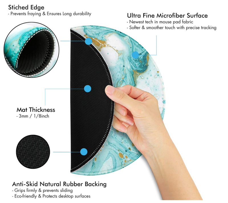 Teal Marble Glitter Round Mouse Pad. Colorful Cute Design with Non Slip Base. Matching Microfiber Cleaning Cloth for Eye Glasses & Electronics. Cool Mouse Pad for Laptop & Travel Teal Marble Glitter