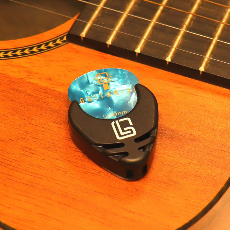 Guitar Pick Stick-on Holder with 10 mixed picks by Guitar Lab | Celluloid Plectrums for electric, bass, guitar or ukulele | Pick Storage Accessories | 10 picks 0.46mm, 0.71mm and 0.96mm