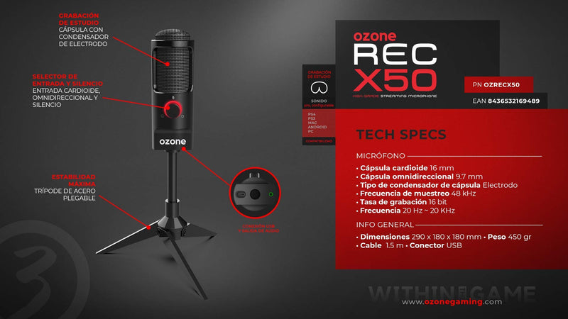 Ozone REC X50 Gaming Microphone - Streaming Microphone - Electrode Condenser, Omni-Bi-Directional Sound, LED Lighting, Stable Stand, USB, Black