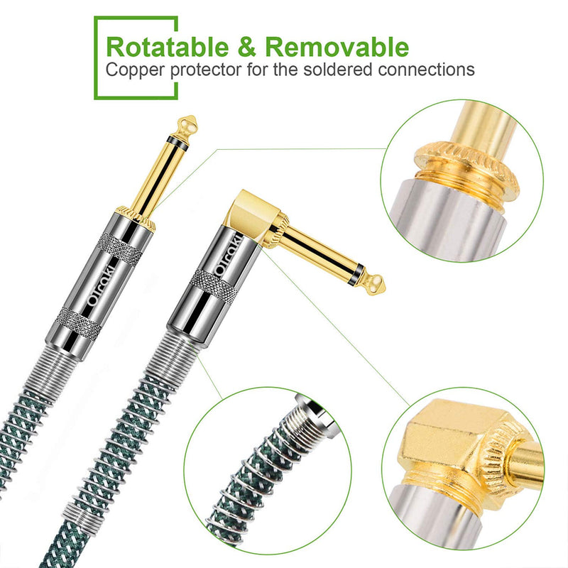 OTraki 2 Pack Instrument Cables 3FT Electric Guitar Cord 1/4 Inch Straight to Right Angle Gold Plated 6.35mm TS Plug 1M Nylon Connect Cable for Guitar Bass Drum Audio Device 3 Feet
