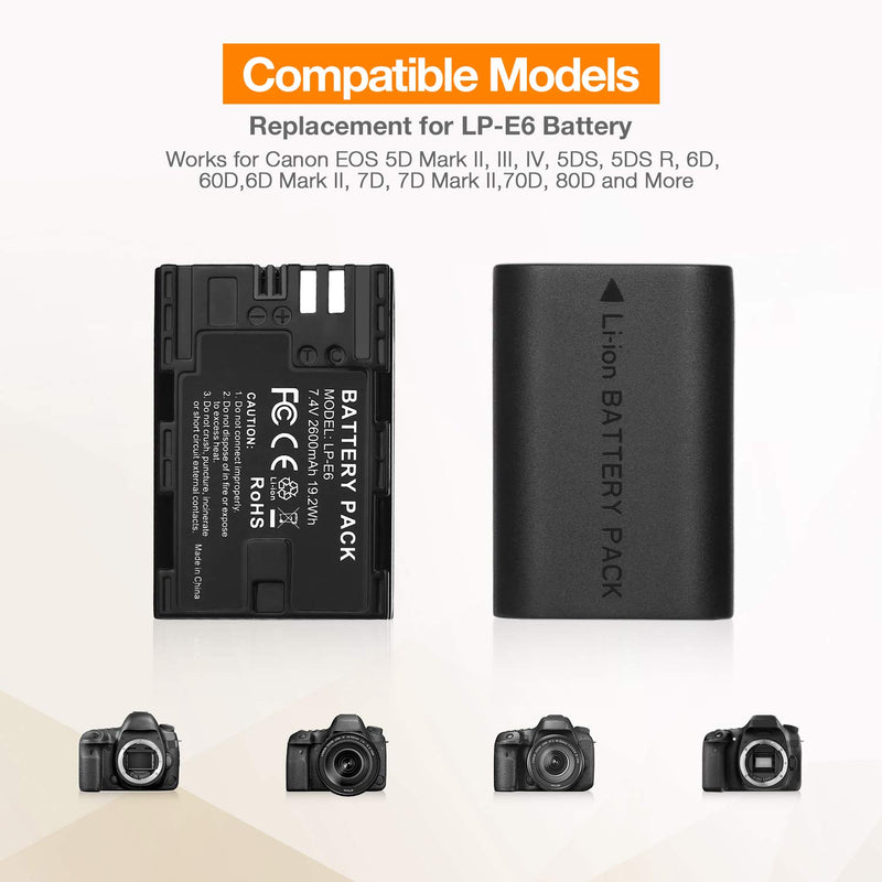 LP-E6 LP E6N Replacement Camera Batteries and Rapid Dual Charger Set for Canon EOS 5D Mark II, III, IV, 5DS, 5DS R, 6D, 60D,6D Mark II, 7D, 7D Mark II,70D, 80D Batteries Grip