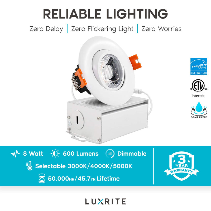 Luxrite 3 Inch Adjustable LED Gimbal Recessed Lighting with Junction Box, 3 Color Selectable 3000K | 4000K | 5000K, 8W=50W, 600 Lumens, Dimmable Canless LED Downlight, IC Rated, Damp Rated