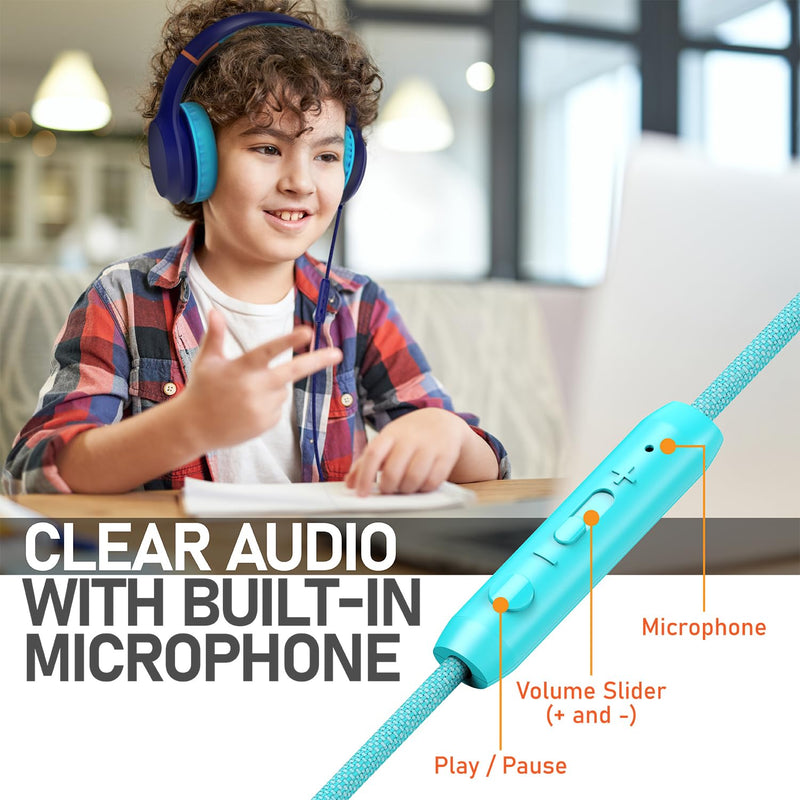 FosPower Kids Headphones (Safe Volume Limit 85 dB) Childrens Headphones Over The Ear, Built-in Mic, 3.5mm Tangle-Free Cable for Boys/Girls/iPad/Smartphones/PC/Kindle/Tablet/Laptop/School - Mint/Pink Mint / Pink