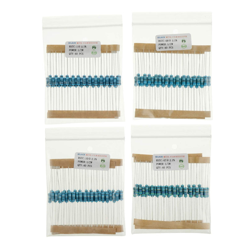 BOJACK 1000 Pcs 25 Values Resistor Kit 1 Ohm-1M Ohm with 1% 1/2W Metal Film Resistors Assortment 1/2 W