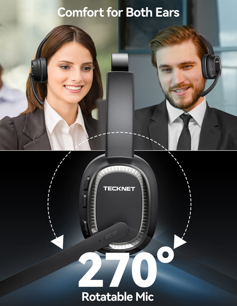 TECKNET Bluetooth Headset Wireless Headphones with Microphone AI Noise Cancelling & Mute Trucker Bluetooth Headset V5.2 Over-Ear Headphones for Truck Driver Cell Phone PC Computer Home Office Skype Black