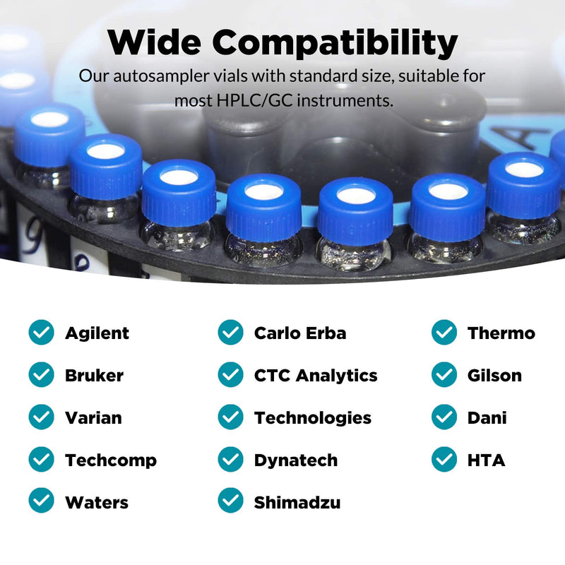 Autosampler Vials, Membrane Solutions 2ml HPLC Vials, 9-425 Lab Clear Vials with Write-on Spot and Graduations, 9mm Blue ABS Screw Caps & Septa for GC Sample Vials, 100 Pcs 100pcs Clear Vial & Red PTFE septa