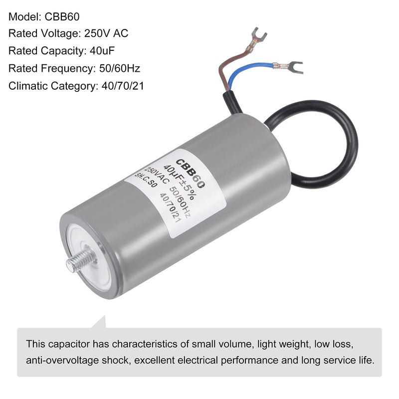 MECCANIXITY CBB60 Run Capacitor 40uF 250V AC 2 Wires 50/60Hz Cylinder 110x50mm with Terminal, M8 Fixing Stud for Air Compressor Water Pump Motor